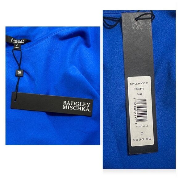 Badgley Mischka One-Shoulder Draped Cape Gown, Blue, Size 0, New with tag - Picture 5 of 14